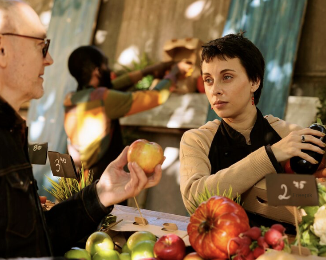 Farmers Market man holds apple woman packing food into box for the man